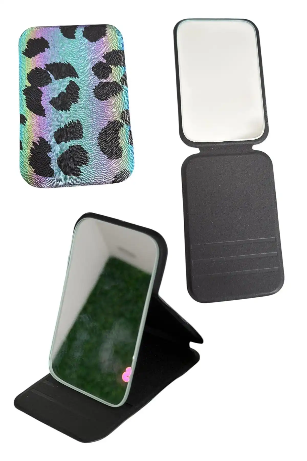 Karışık Renk Leopar Desenli Küçük Boy Katlanabilir Makyaj Aynası