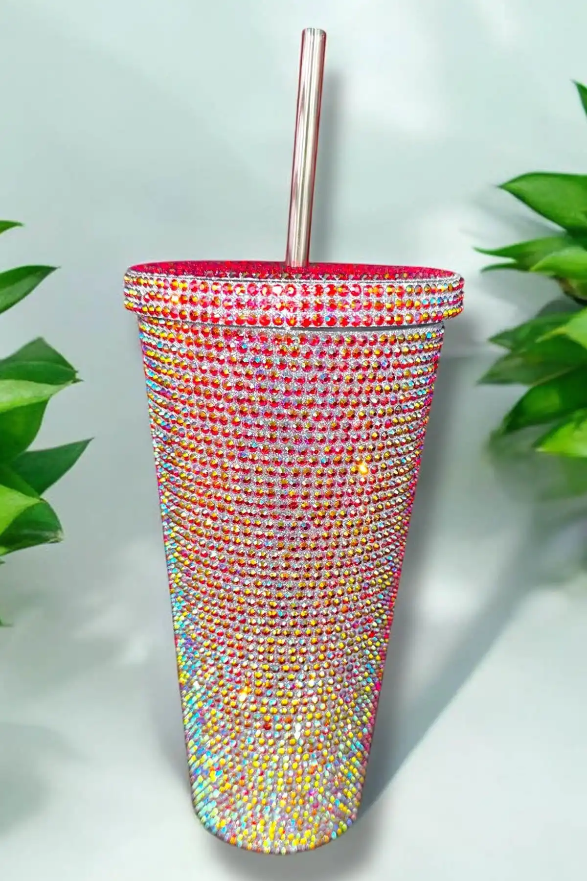 Kırmızı Renk Taş Detaylı Pipetli Suluk