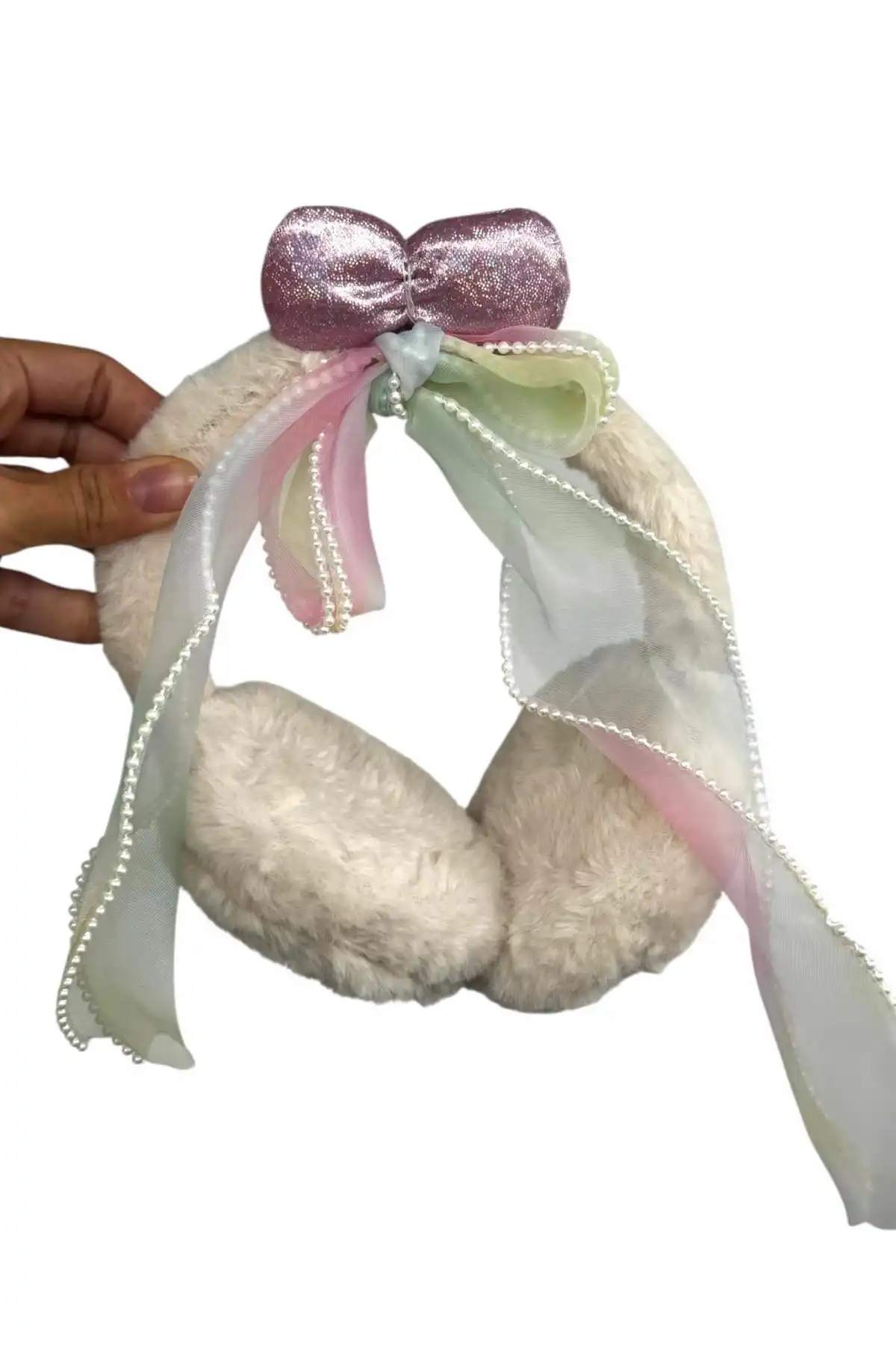 Krem Renk Kurdele Figürlü Peluş Kulaklık