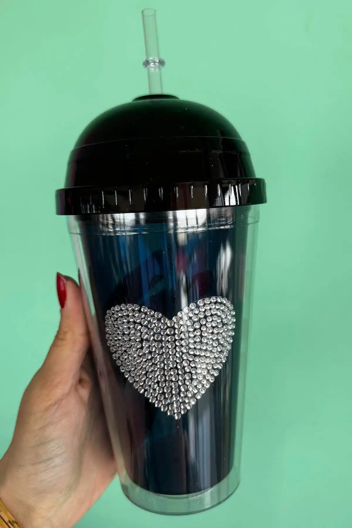 Lacivert Renk Kalp Figürlü Taş Detaylı Pipetli Suluk