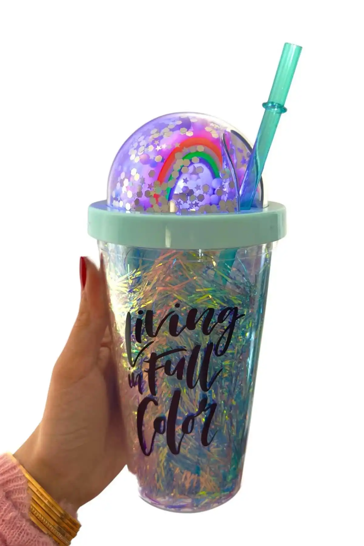 Mavi Renk Gökkuşağı Figürlü Pipetli Işıklı Suluk