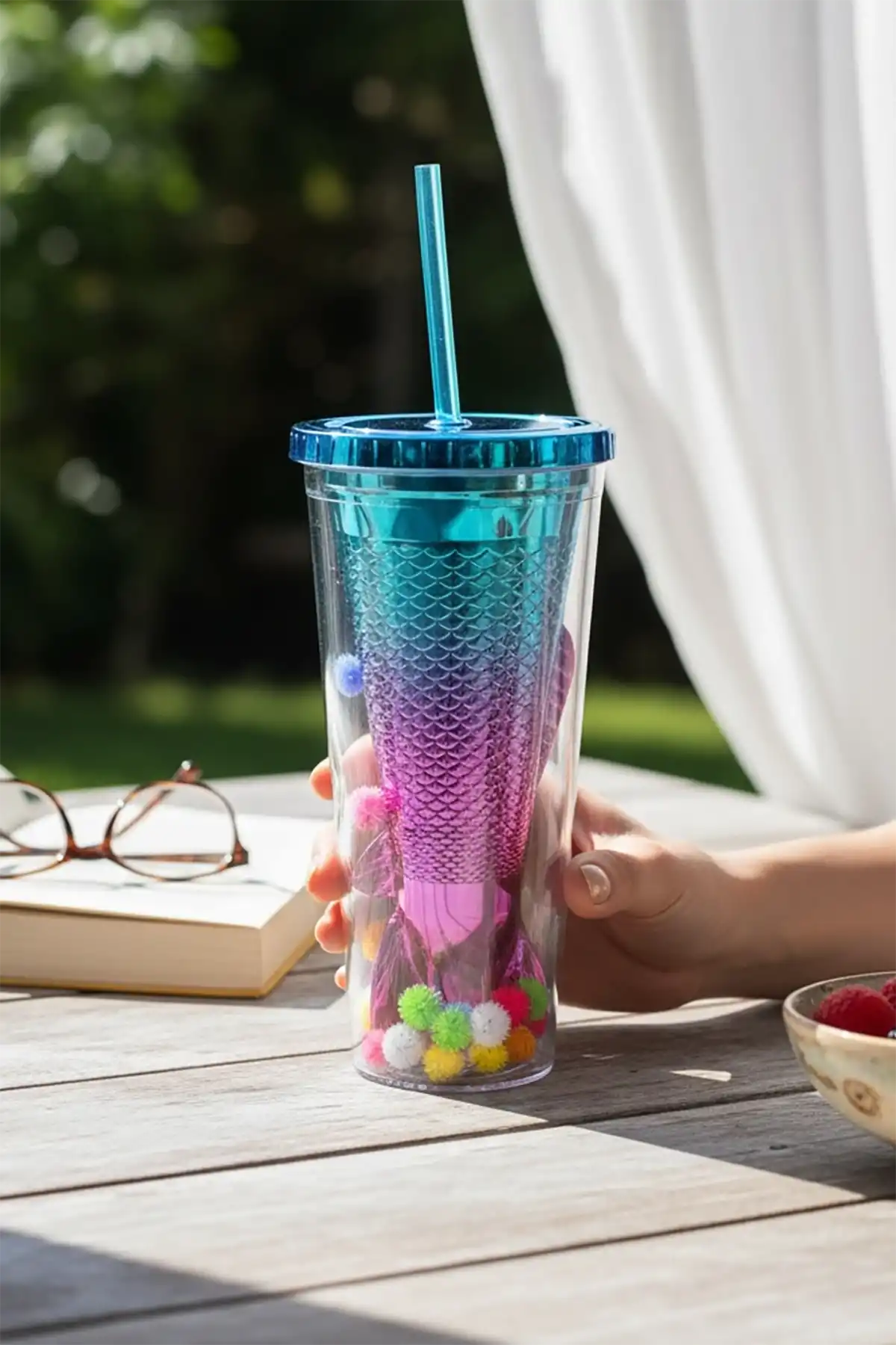 Mavi Renk Kuyruk Figürlü Ponpon Detaylı Pipetli Suluk