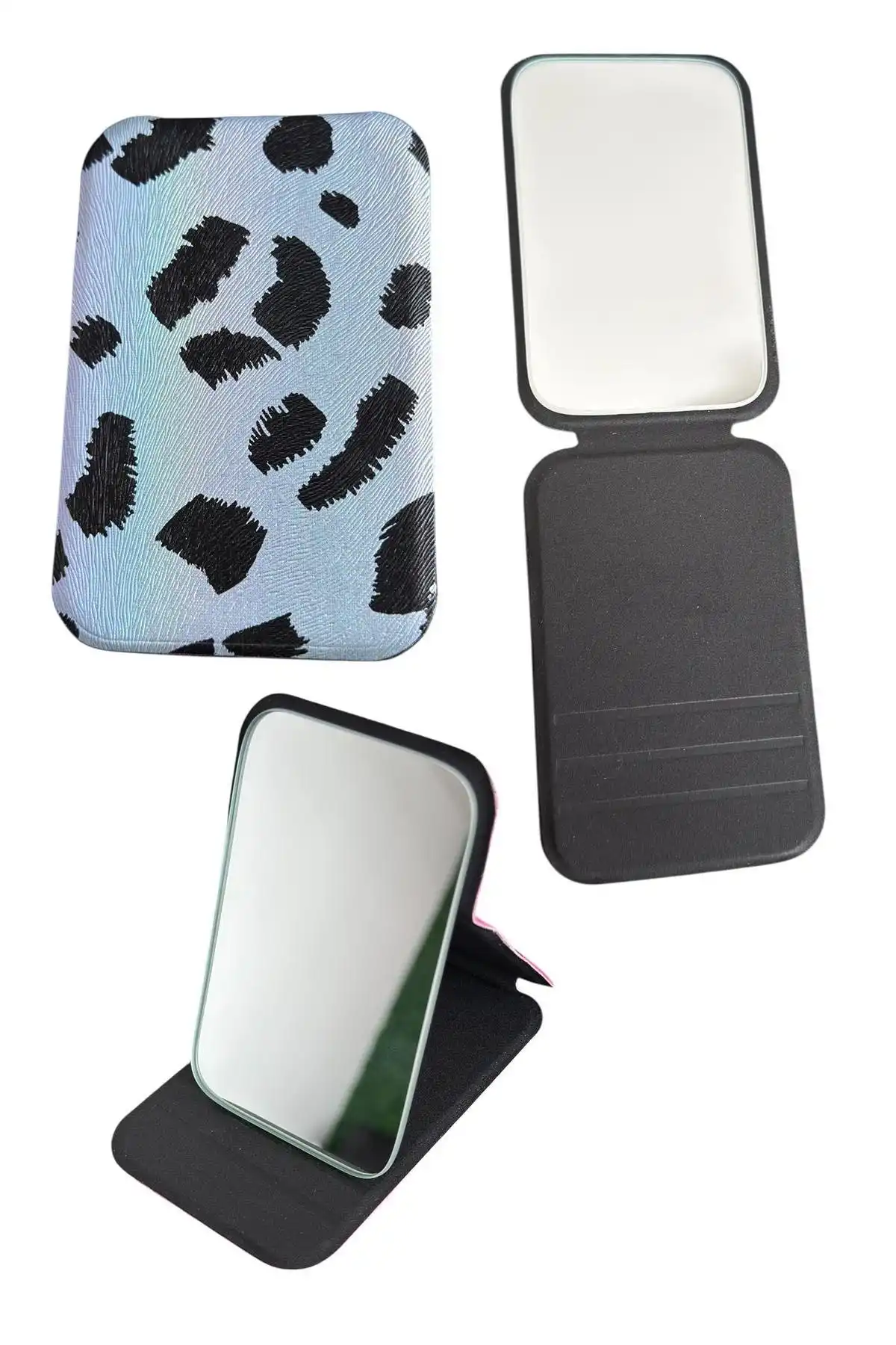 Mavi Renk Leopar Desenli Küçük Boy Katlanabilir Makyaj Aynası