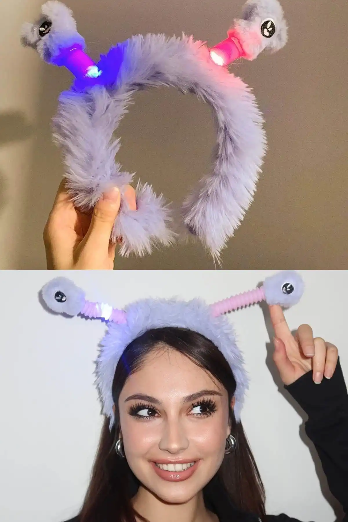 Mor Renk Kulakları Oynayan Işıklı Peluş Taç