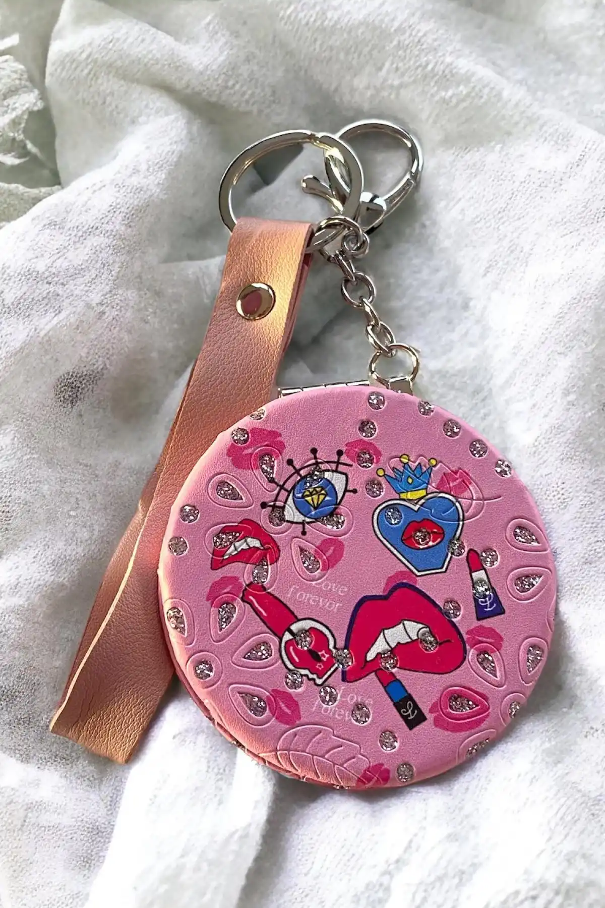 Pembe Renk Dudak Figürlü Cep Aynası/ Anahtarlık