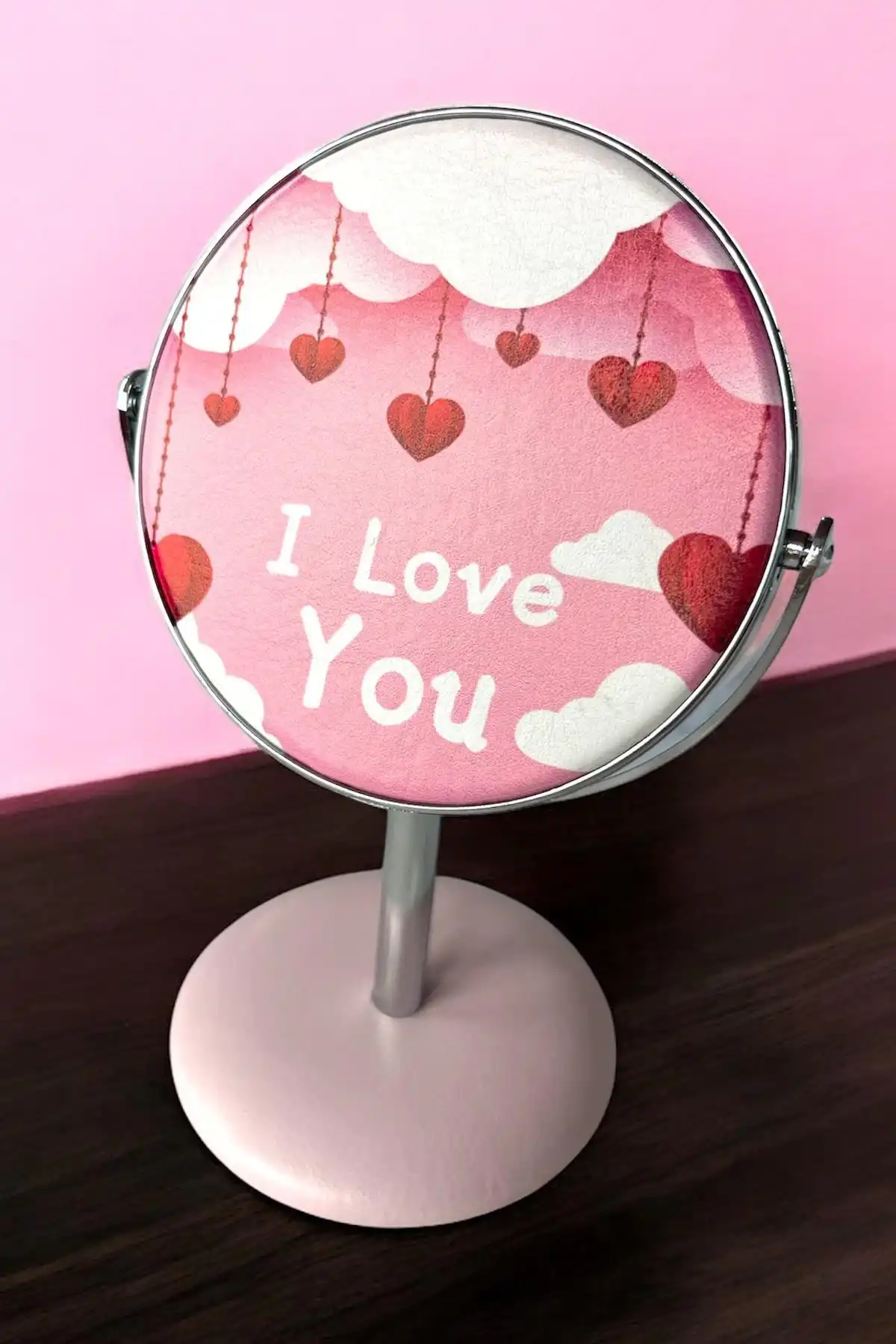 Pembe Renk I Love You Yazılı Dönebilen Masa Aynası