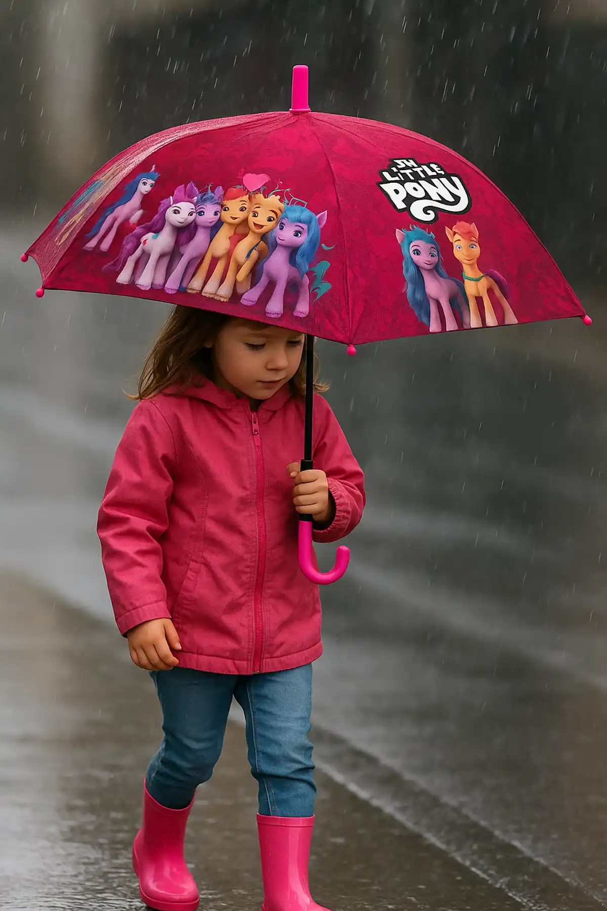 Pembe Renk Karışık Figürlü Kılıflı Çocuk Şemsiye