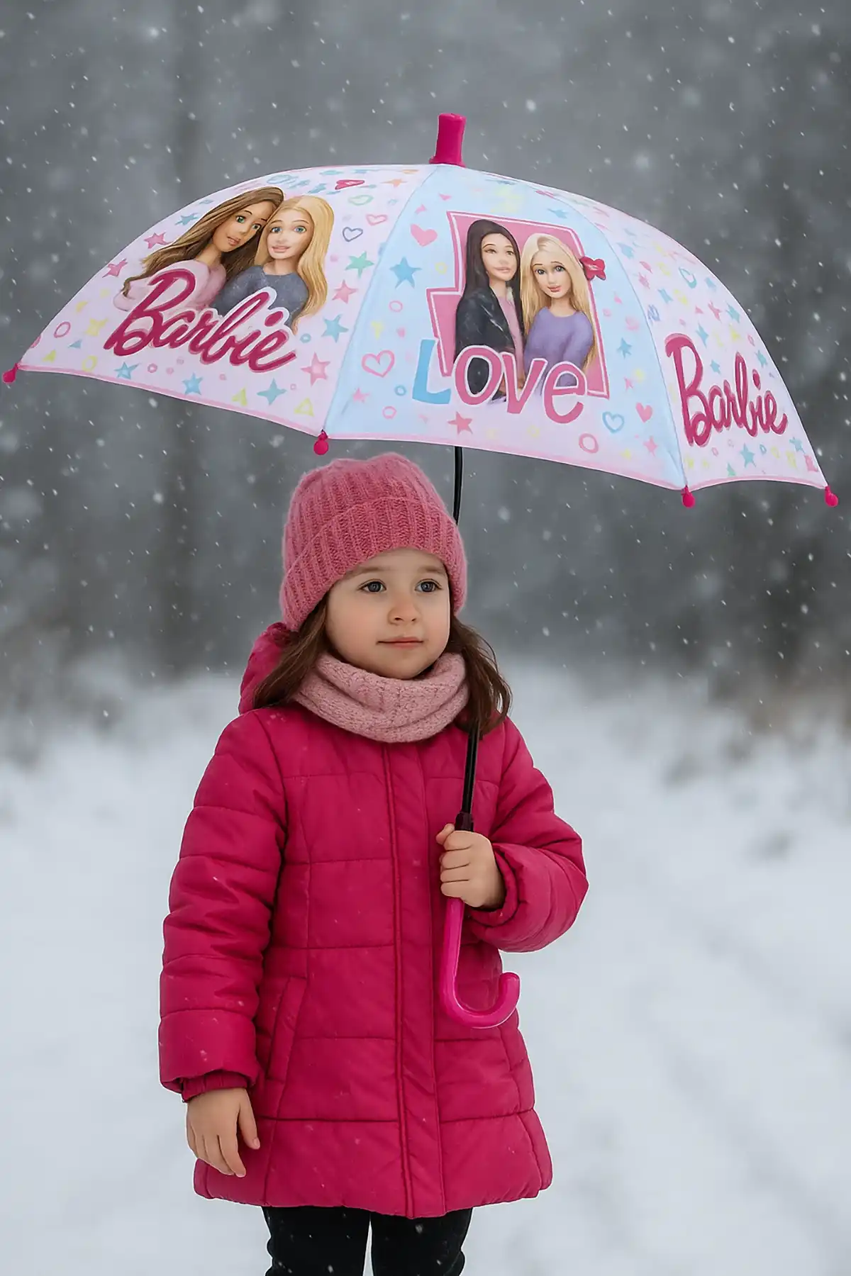 Pembe Renk Karışık Figürlü Kılıflı Çocuk Şemsiye