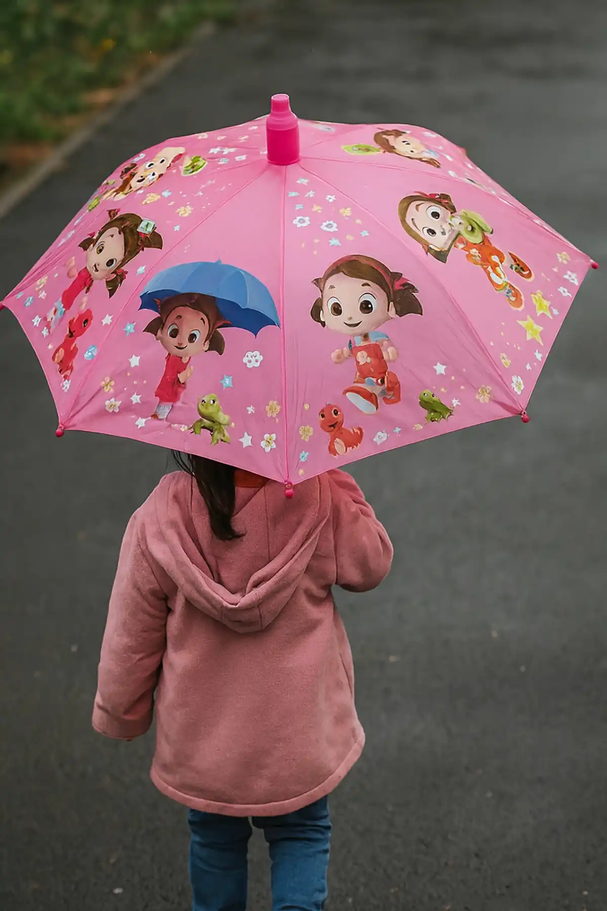 Pembe Renk Karışık Figürlü Kılıflı Çocuk Şemsiye