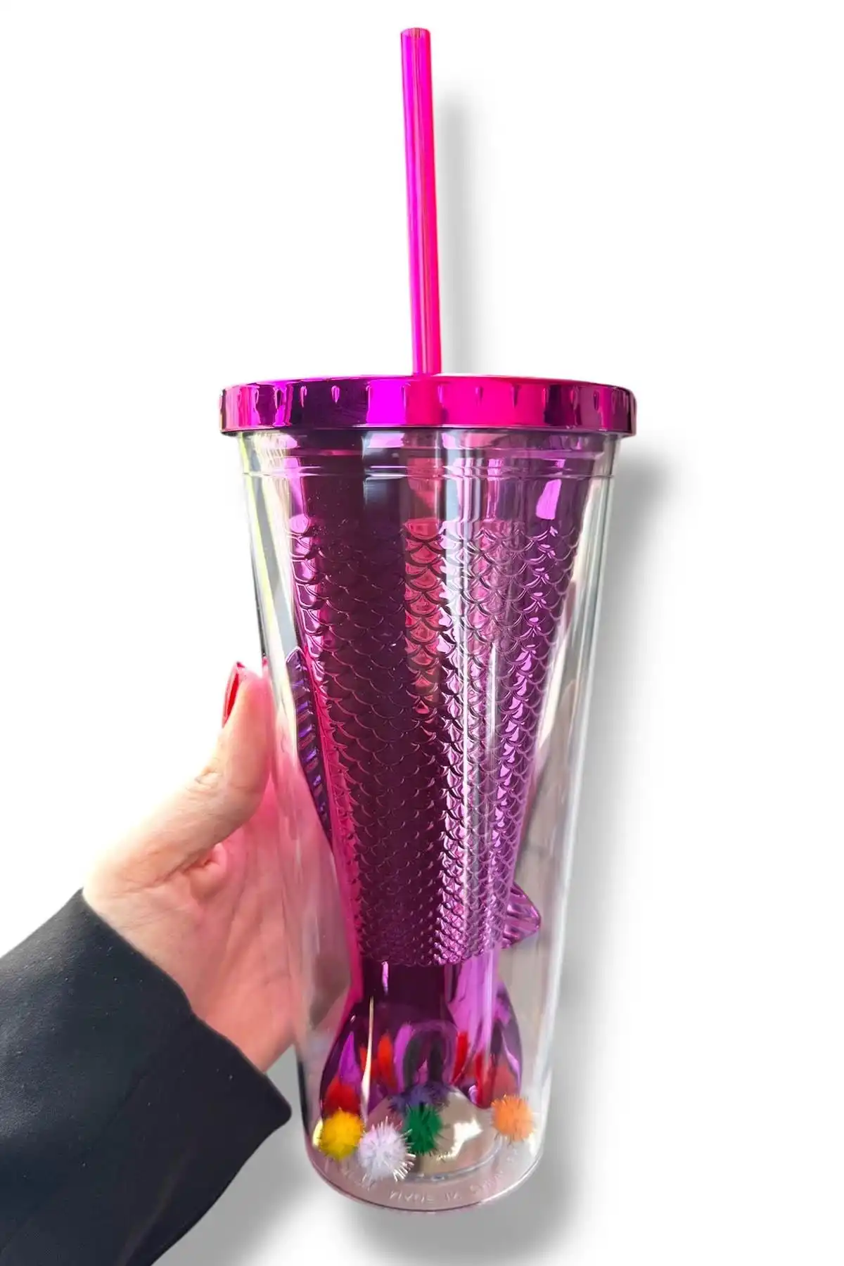 Pembe Renk Kuyruk Figürlü Ponpon Detaylı Pipetli Suluk