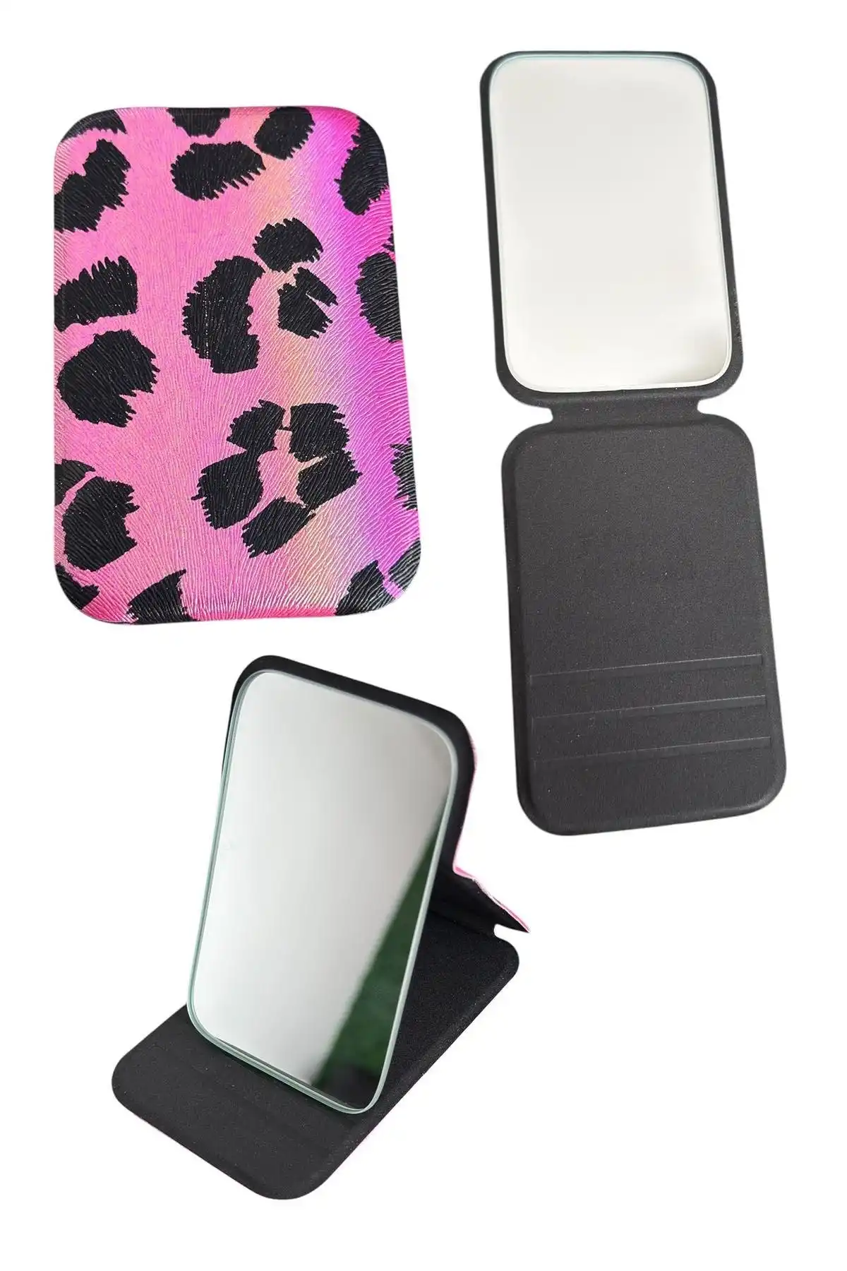 Pembe Renk Leopar Desenli Küçük Boy Katlanabilir Makyaj Aynası