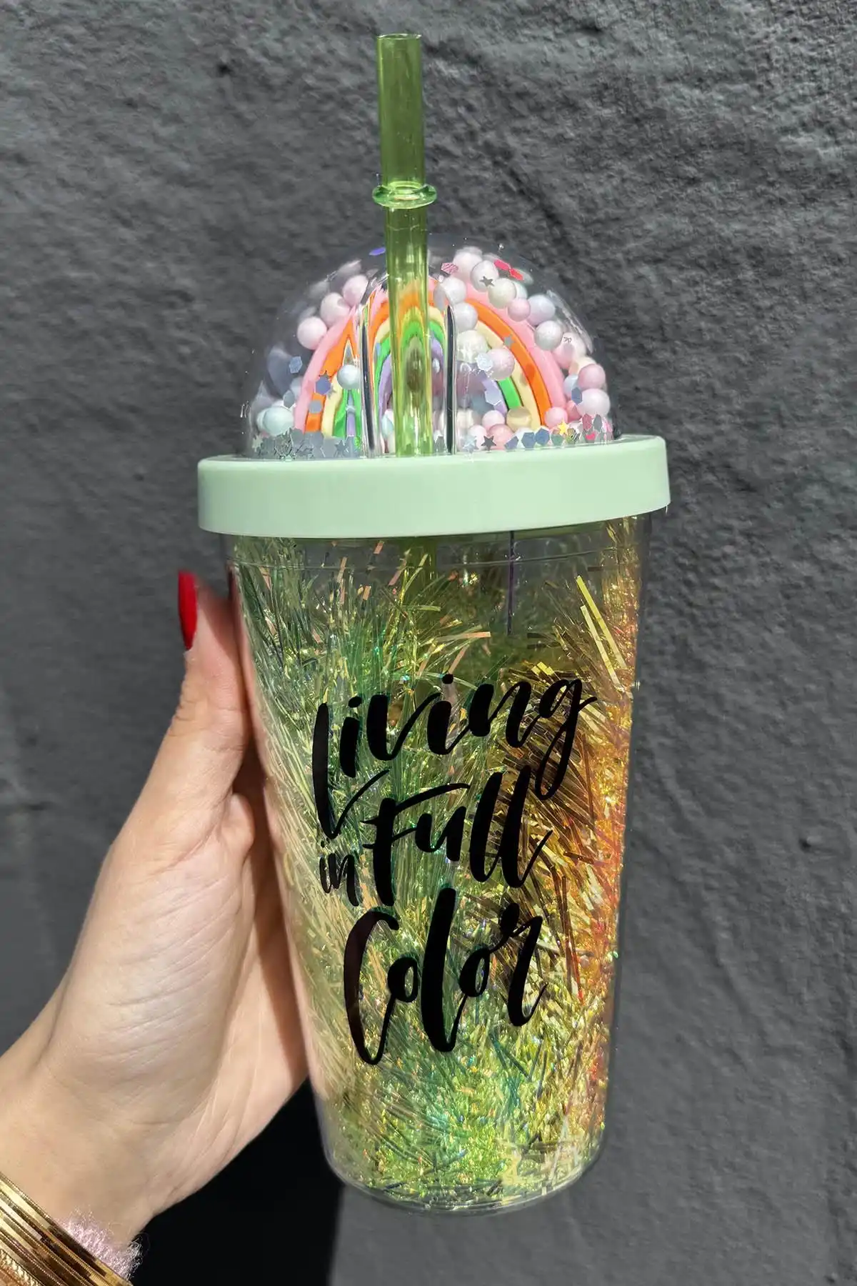 Yeşil Renk Gökkuşağı Figürlü Pipetli Işıklı Suluk