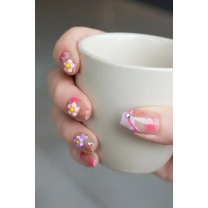 10lu Karışık Renk Kurdele Ve Çiçek Figürlü Takma Tırnak Set