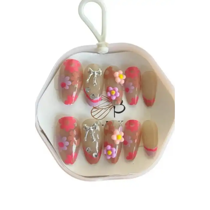 10lu Karışık Renk Kurdele Ve Çiçek Figürlü Takma Tırnak Set