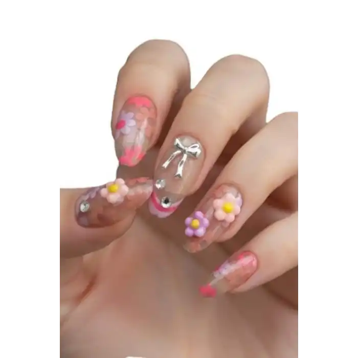 10lu Karışık Renk Kurdele Ve Çiçek Figürlü Takma Tırnak Set