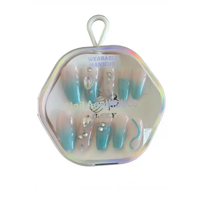 10lu Pembe Ve Mavi Renk Taş Detaylı Takma Tırnak Set (Yapıştırıcılı)