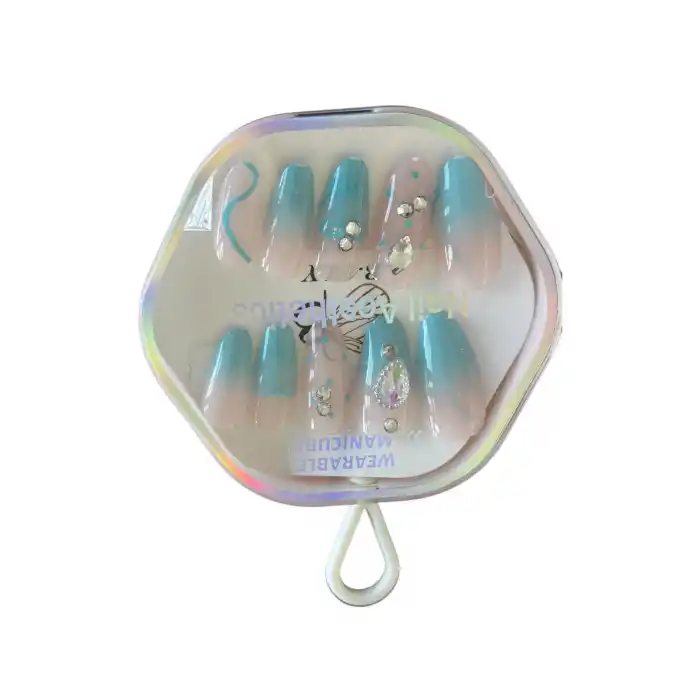 10lu Pembe Ve Mavi Renk Taş Detaylı Takma Tırnak Set (Yapıştırıcılı)