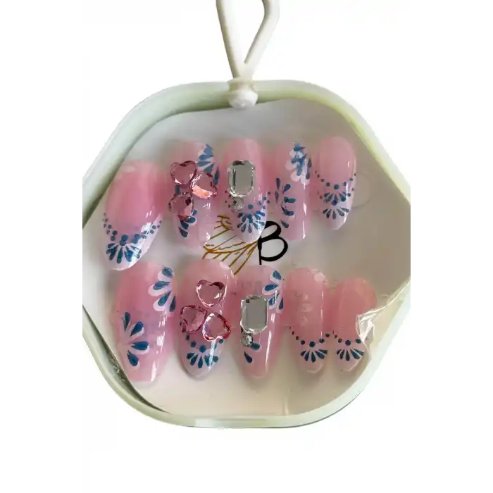 10lu Pembe Ve Mavi Renk Taş Detaylı Takma Tırnak Set (Yapıştırıcılı)