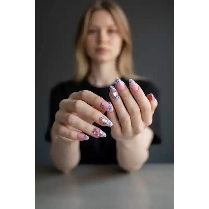 10lu Pembe Ve Mavi Renk Taş Detaylı Takma Tırnak Set (Yapıştırıcılı)