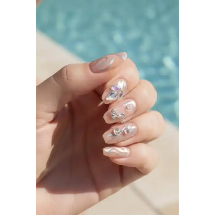 12li Bej Renk Taş Detaylı Takma Tırnak Set (Yapıştırıcılı)