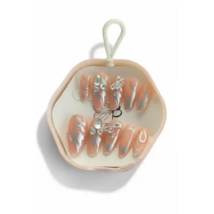 12li Bej Renk Taş Detaylı Takma Tırnak Set (Yapıştırıcılı)