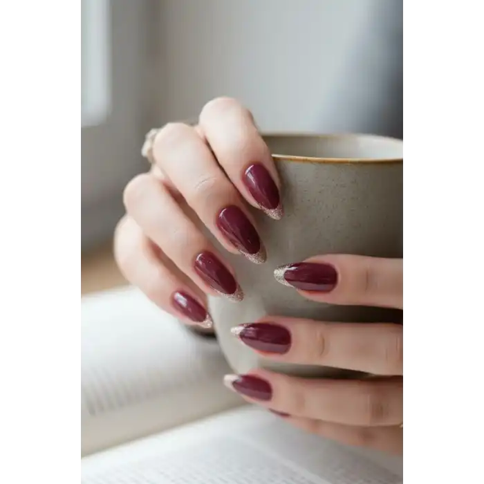 12li Bordo Renk Sim Detaylı Takma Tırnak (Yapıştırıcılı)