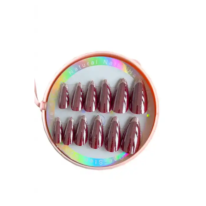 12li Bordo Renk Sim Detaylı Takma Tırnak (Yapıştırıcılı)