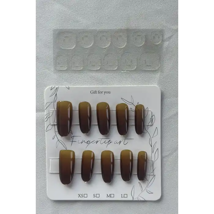12li Kahverengi Jel Görünümlü Takma Tırnak Set (Yapıştırıcılı)
