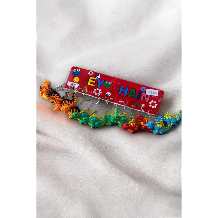 12li Karışık Renk Dinazor Figürlü Anahtarlık Set