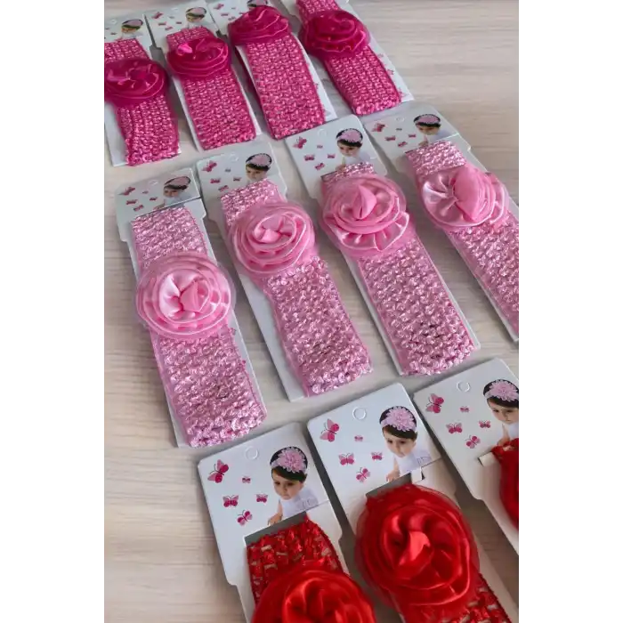 12li Karışık Renk Gül Figürlü Saç Bandı Set