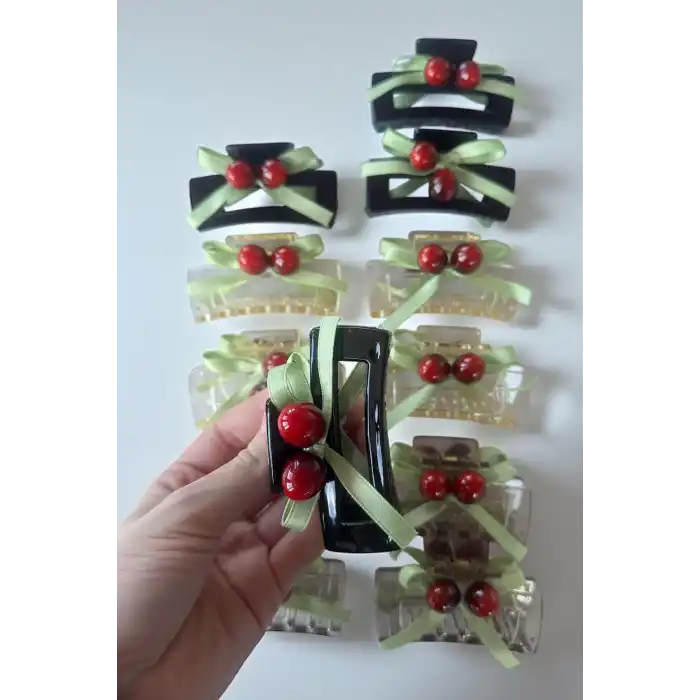 12li Karışık Renk Kiraz Figürlü Mandal Toka Set