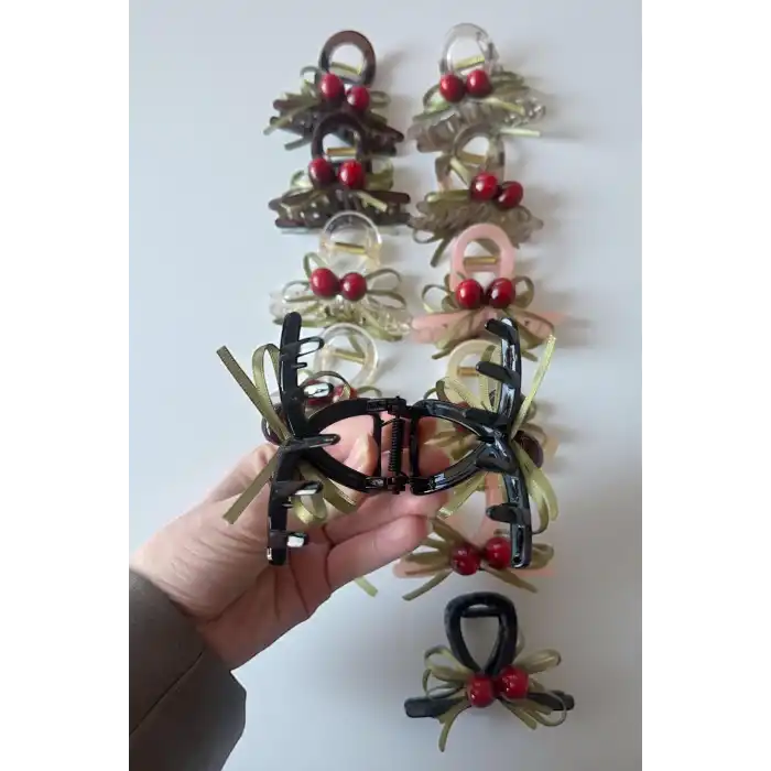 12li Karışık Renk Kiraz Figürlü Mandal Toka Set