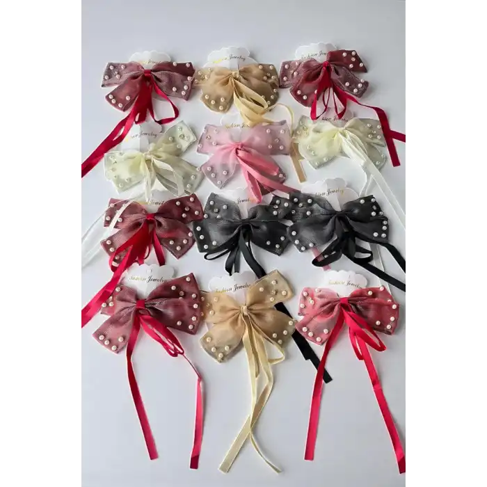 12li Karışık Renk Kurdele Figürlü İnci Detaylı Otomat Toka