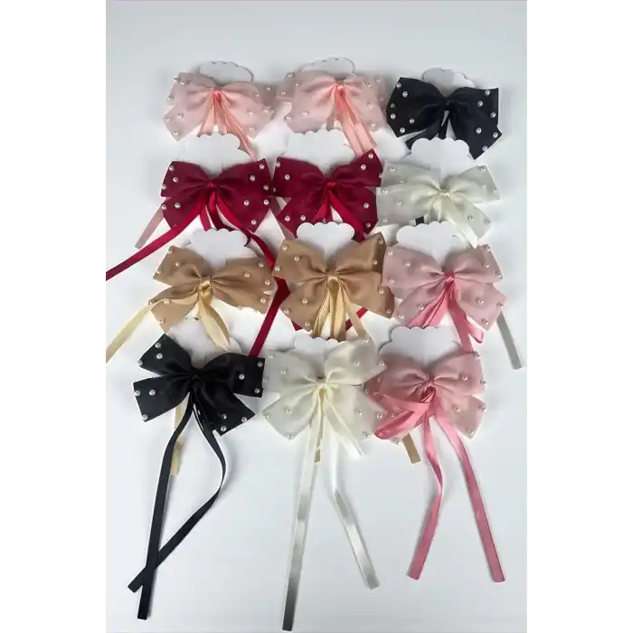 12li Karışık Renk Kurdele Figürlü İnci Detaylı Otomat Toka Set