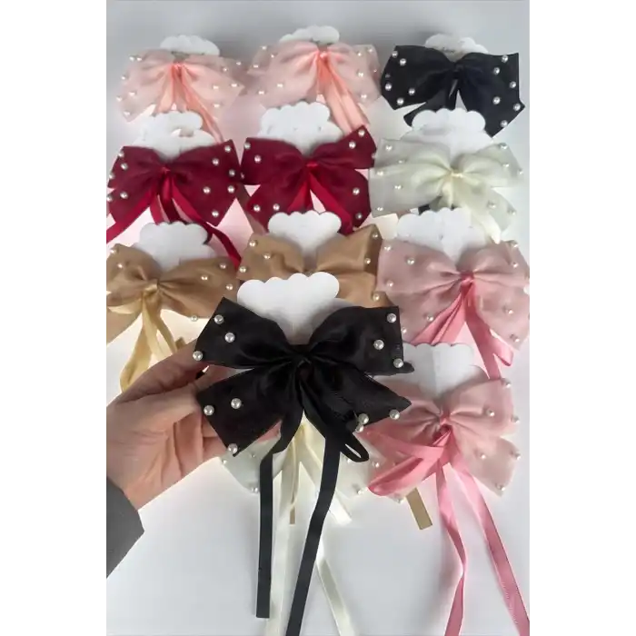 12li Karışık Renk Kurdele Figürlü İnci Detaylı Otomat Toka Set