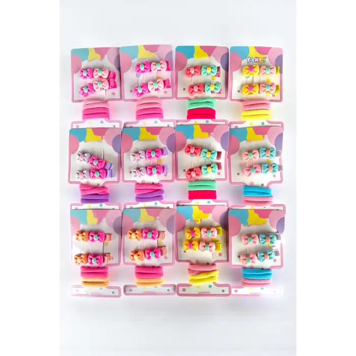 12li Karışık Renk Kurdele Figürlü Lastik Toka Ve Yan Toka Set