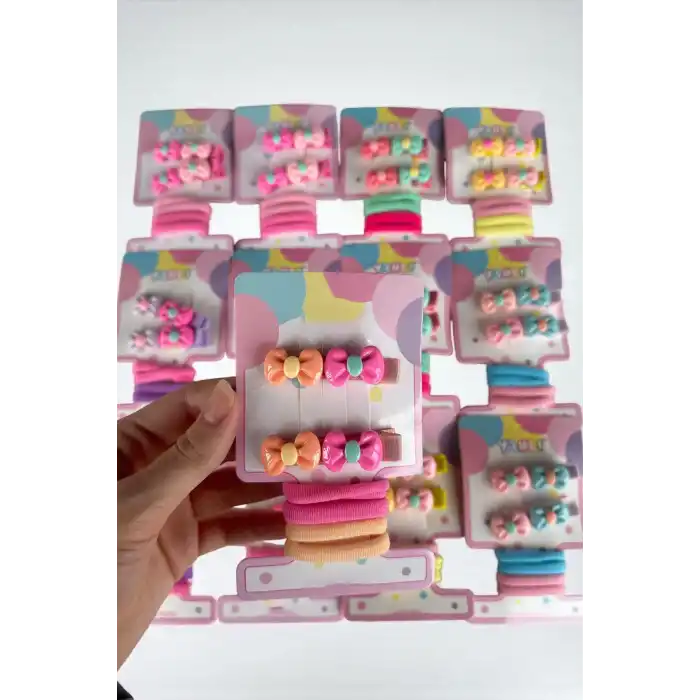 12li Karışık Renk Kurdele Figürlü Lastik Toka Ve Yan Toka Set