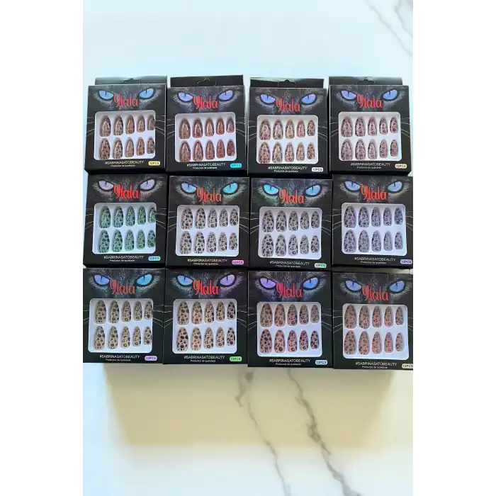 12li Karışık Renk Leopar Desenli Takma Tırnak Set