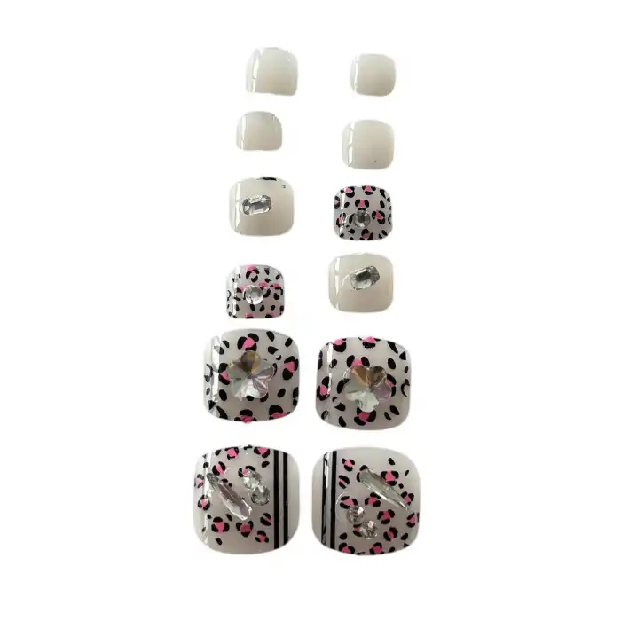 12li Karışık Renk Leopar Desenli Taş Detaylı Ayak Takma Tırnak