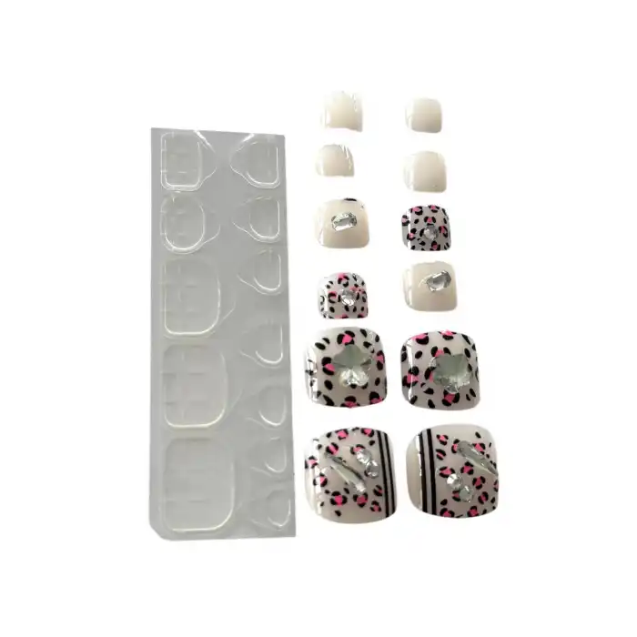12li Karışık Renk Leopar Desenli Taş Detaylı Ayak Takma Tırnak