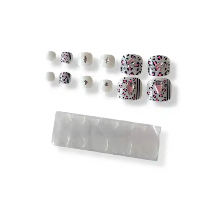 12li Karışık Renk Leopar Desenli Taş Detaylı Ayak Takma Tırnak