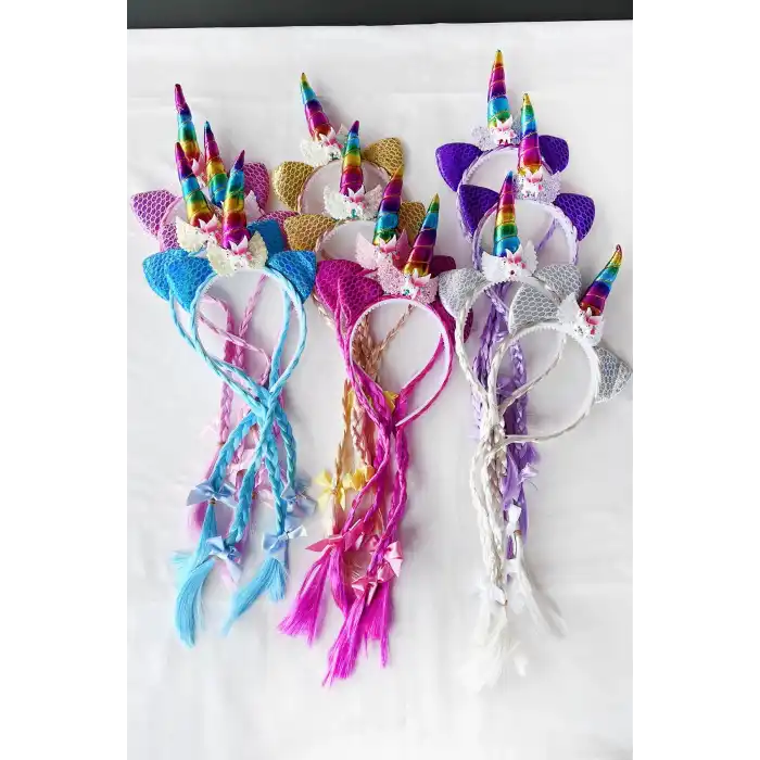 12li Karışık Renk Örgü Detaylı Unicorn Taç