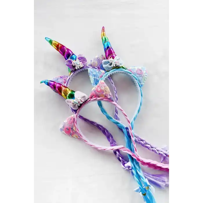 12li Karışık Renk Örgü Detaylı Unicorn Taç