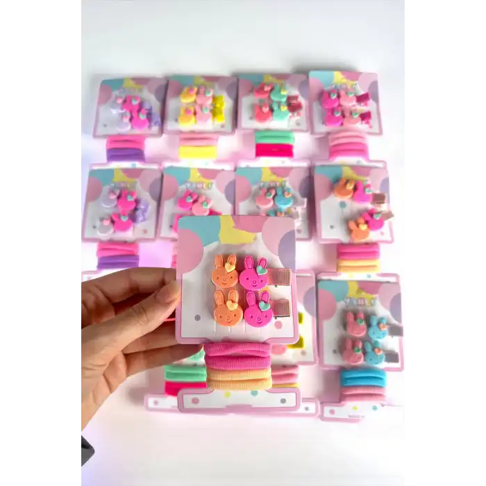 12li Karışık Renk Tavşan Figürlü Lastik Toka Ve Yan Toka Set