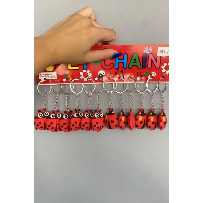 12li Kırmızı Renk Uğur Böceği Figürlü Anahtarlık Set