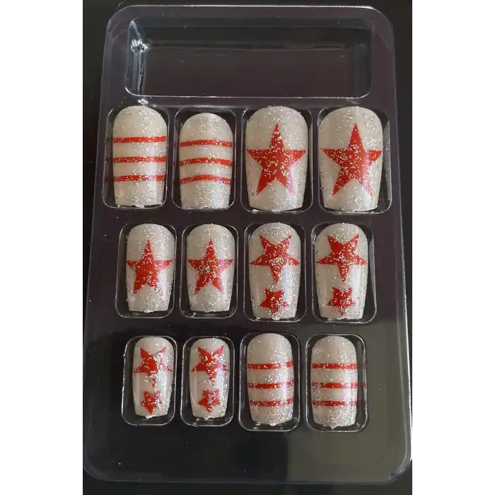 12li Kırmızı Ve Beyaz Renk Yıldız Figürlü Takma Tırnak Seti