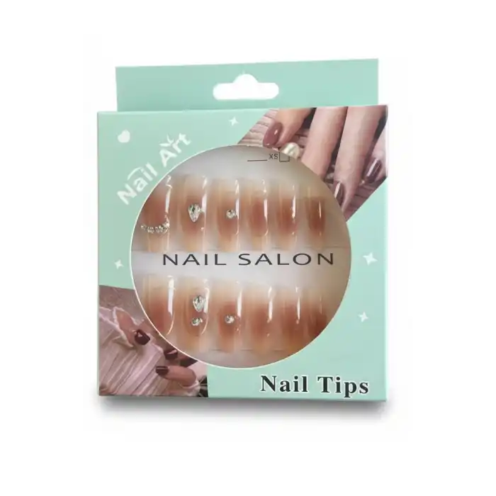 12li Krem Ve Pembe Renk Taş Detaylı Takma Tırnak Set (Yapıştırıcılı)