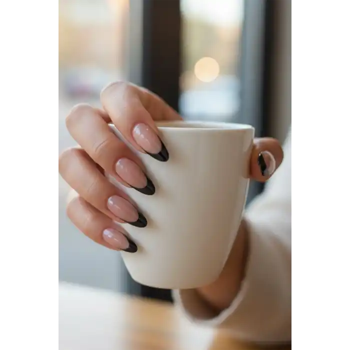 12li Krem Ve Siyah Renk Simli Jel Görünümlü Takma Tırnak (Yapıştırıcılı)