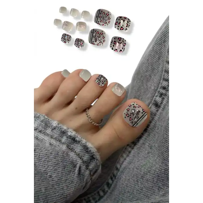 12li Leopar Figürlü Kelebek Figürlü Taş Detaylı Ayak Takma Tırnak Set