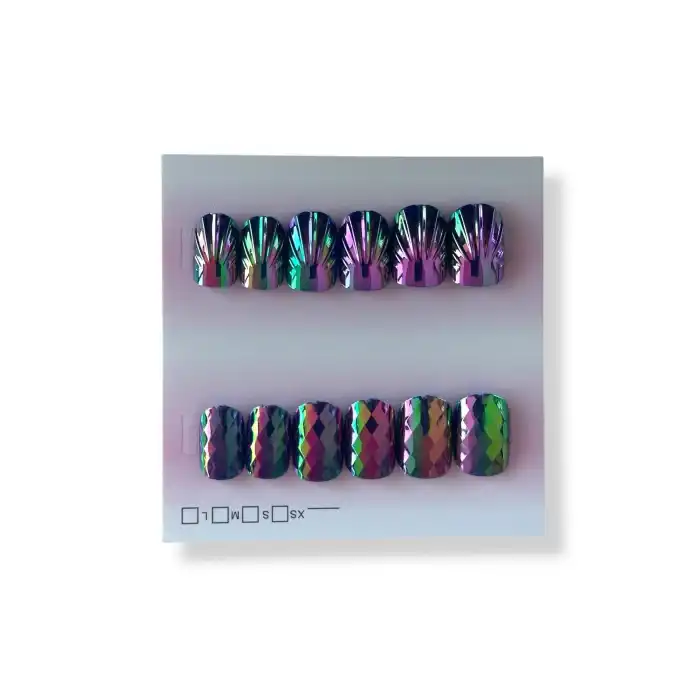 12li Mor Renk Karışık Figürlü Jel Görünümlü Takma Tırnak Set (Yapıştırıcılı)